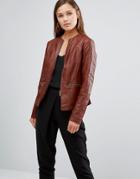 Oasis Faux Leather Collarless Jacket - Brown