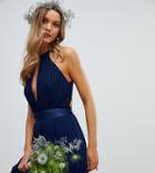 Tfnc Pleated Midi Bridesmaid Dress With Cross Back And Bow Detail - Navy