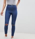 Asos Design Rivington High Waisted Jegging In Mid Wash With Knee Rips - Blue