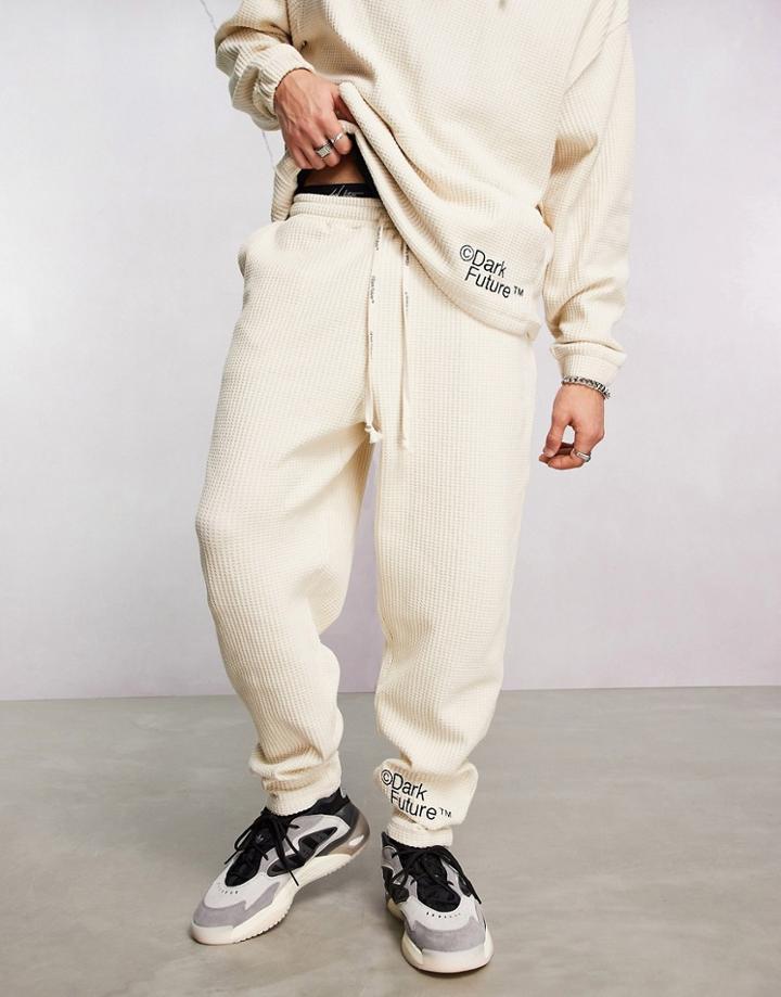 Asos Dark Future Relaxed Sweatpants In Waffle With Logo Embroidery In Neutral - Part Of A Set-white