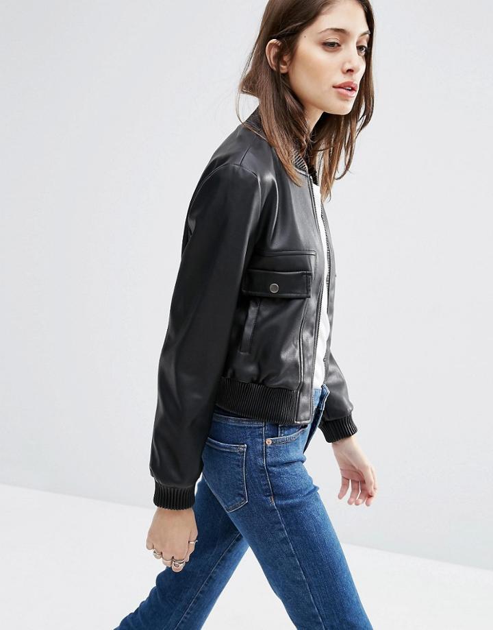 Asos Cropped Bomber Jacket Pu - Black