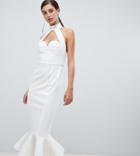 Asos Design Tall Premium Cupped Halter Bodycon Dress With Chain Back Detail-white