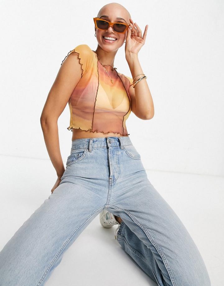 Pull & Bear Short Sleeved Mesh Top In Brown Print
