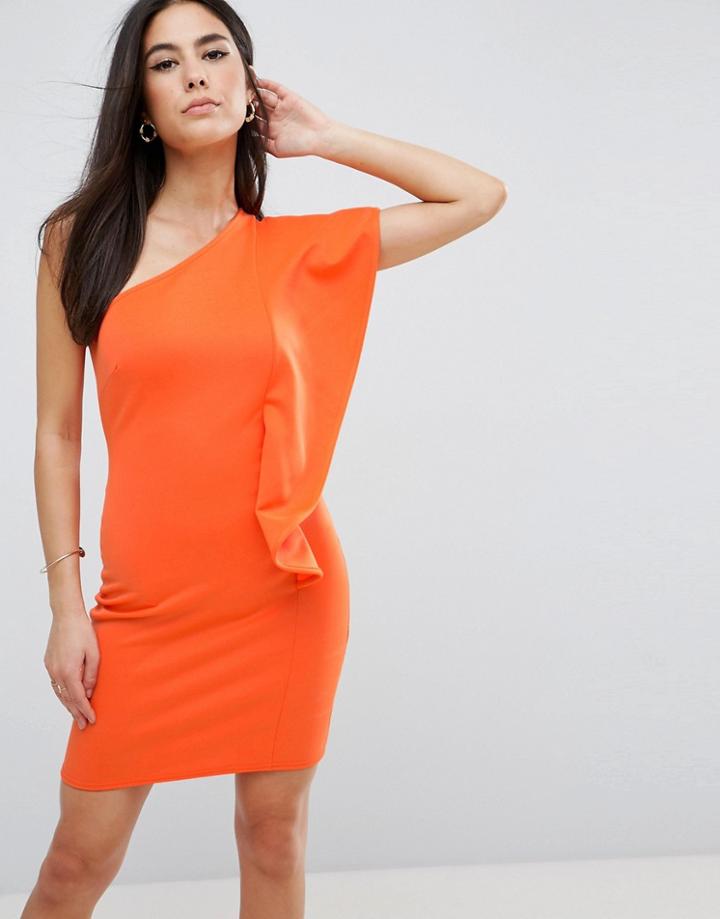 Club L One Shoulder Scuba Ruffle Detail Dress With A Bow Tie Back Detail - Orange