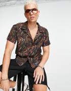 Sixth June Short Sleeve Shirt In Black With Tropical Print And Revere Collar - Part Of A Set