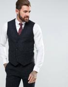 Asos Slim Suit Vest In 100% Wool Harris Tweed Herringbone In Charcoal - Gray