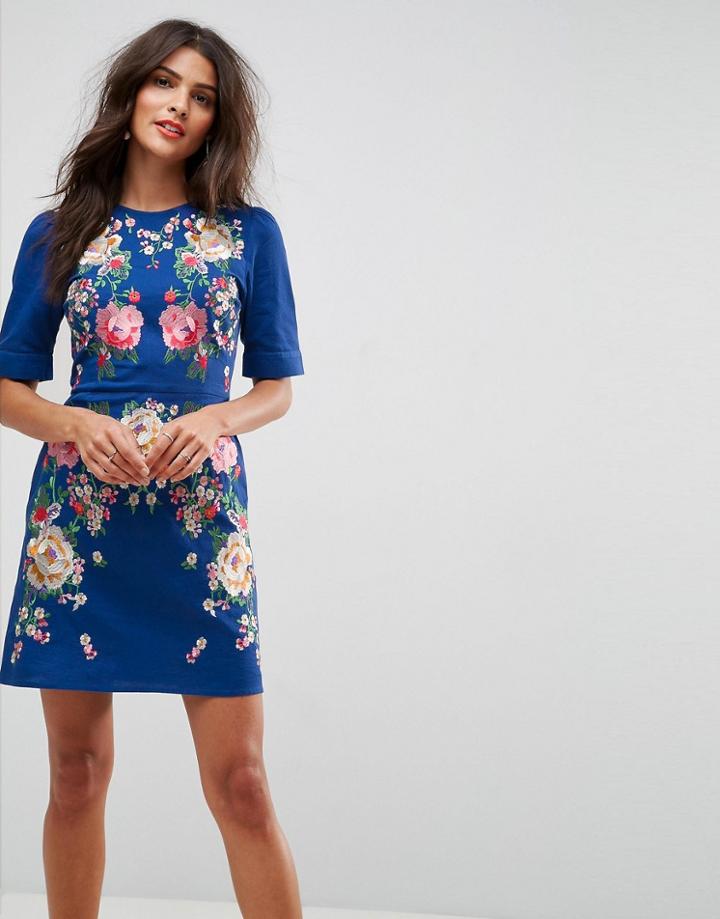 Asos Premium Embroidered Mini Dress With Open Back - Blue