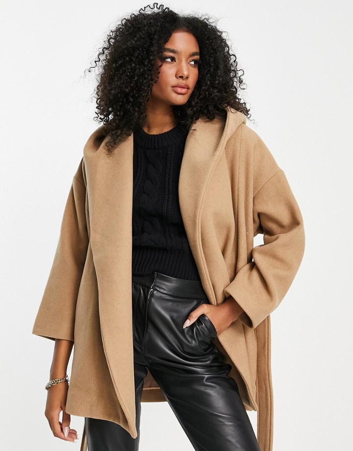 French Connection Favan Hooded Coat With Belt In Camel-neutral