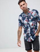 Asos Design Regular Fit Japanese Floral Shirt In Navy With Revere Collar - Navy