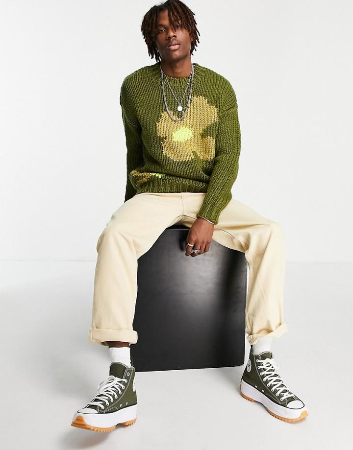 Asos Design Chunky Knit Sweater With Hand Knit Floral In Khaki-multi