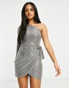 Flounce London One-shoulder Dress With Wrap Skirt In Metallic Gray-grey