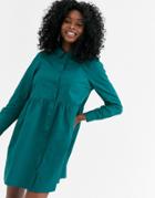 Asos Design Cotton Mini Smock Shirt Dress In Forest Green