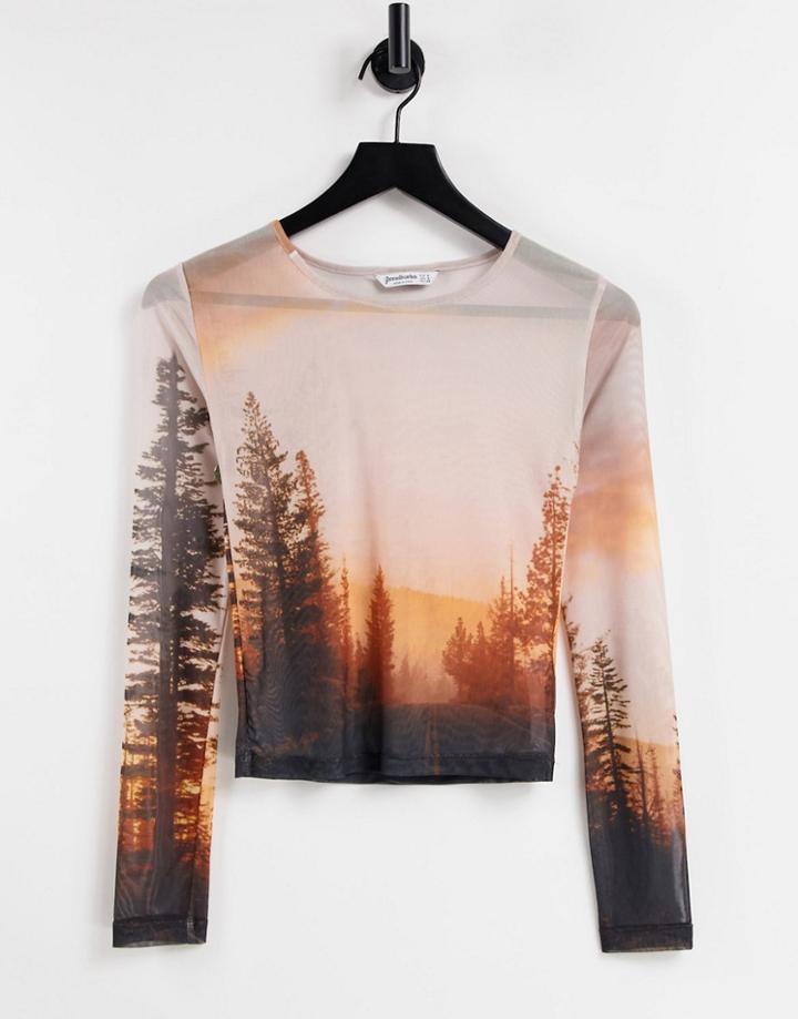 Stradivarius Landscape Long Sleeve Mesh Top In Multi