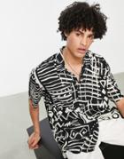 Bershka Short Sleeve Abstract Print Shirt In Black