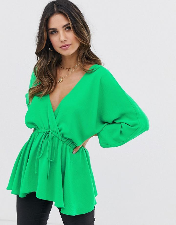 Asos Design Batwing Sleeve Top With Tie Waist-green