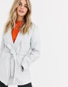 Asos Design Leather Look Belted Jacket In Gray