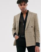 Twisted Tailor Slim Box Fit Double Breasted Blazer In Stone Windowpane Check