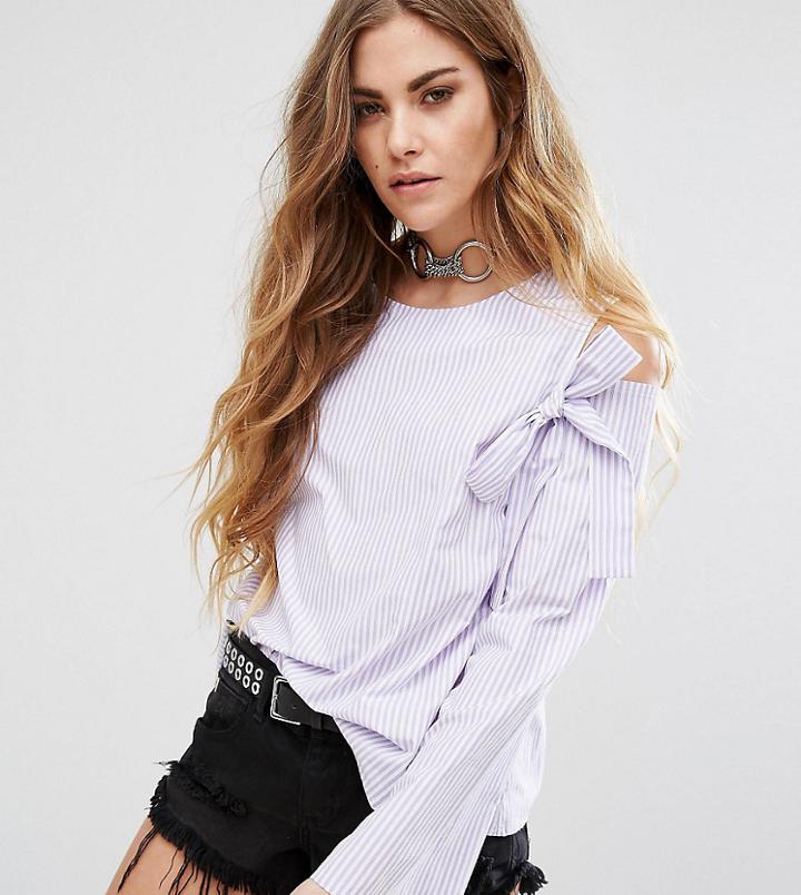 Reclaimed Vintage Inspired Bow Detailed Cold Shoulder Top In Stripe - Purple