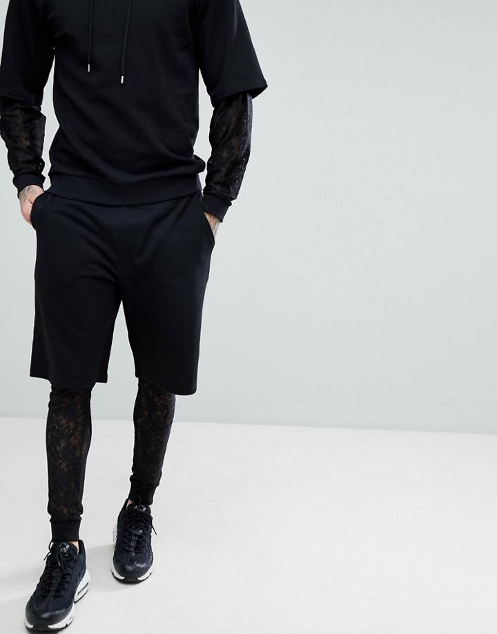 Asos Oversized Shorts With Lace Megging Layer - Black