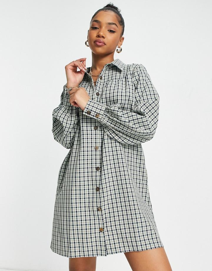 Lola May Open Collar Shirt Dress In Check-green
