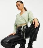 Topshop Petite Wrap Knitted Cardigan In Sage-green
