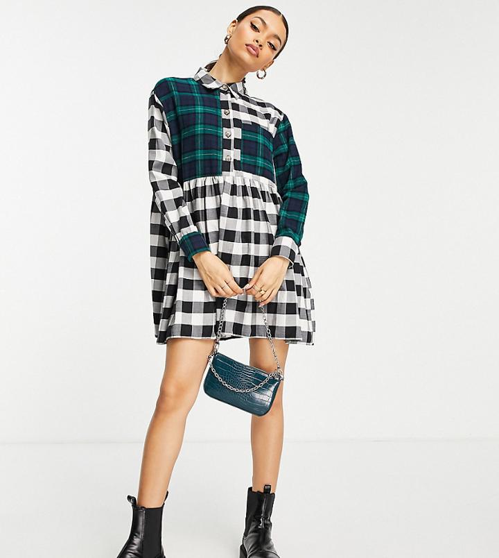 Topshop Petite Mix Check Smock Shirt Dress In Multi