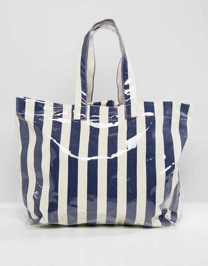 Mango Stripe Plastic Beach Bag In Blue Multi - Blue