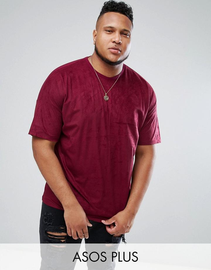 Asos Plus Oversized T-shirt In Faux Suede In Burgundy - Red