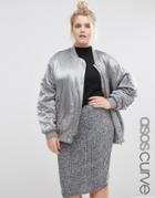 Asos Curve Luxe Bomber In Satin - Silver Gray