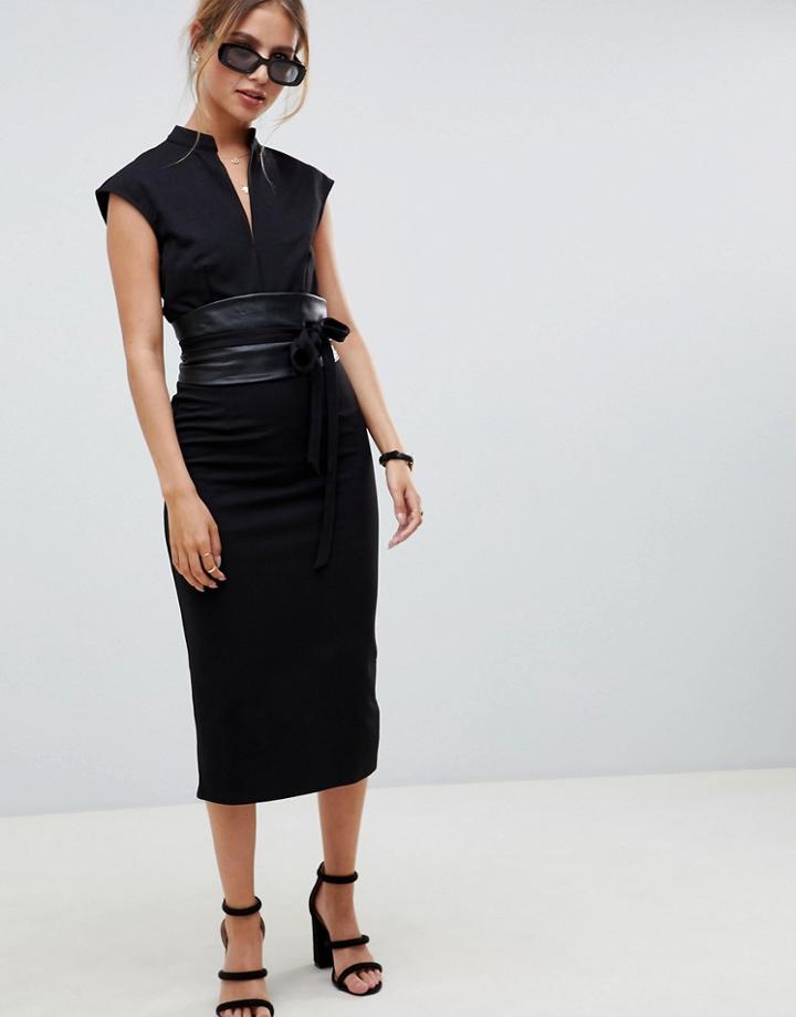 Asos Design Pencil Midi Dress With Faux Leather Obi Belt - Black