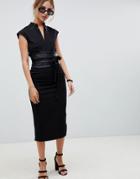 Asos Design Pencil Midi Dress With Faux Leather Obi Belt - Black