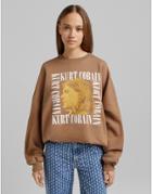 Bershka Kurt Cobain Oversized Graphic Sweat In Chocolate-brown