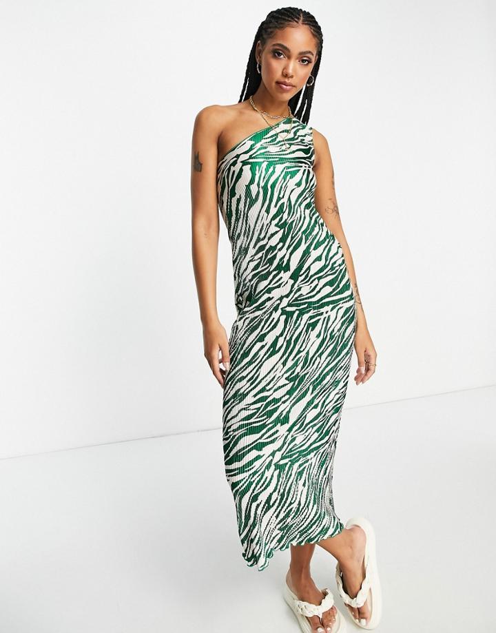 Asos Design Plisse One Shoulder Midi Dress In Green And Cream Zebra-multi