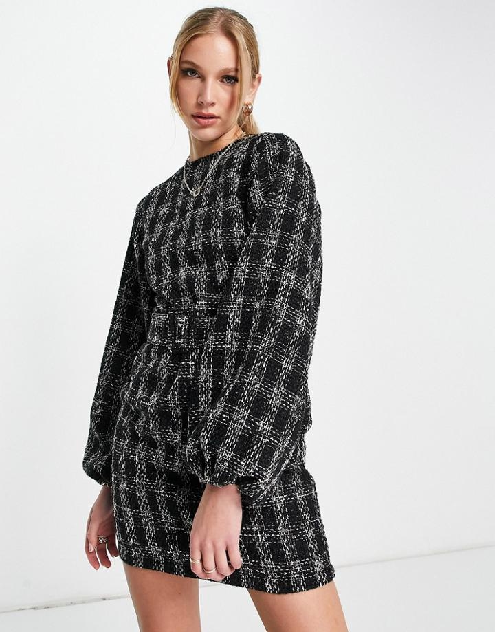 Asos Design Belted White And Black Boucle Mini Dress-multi