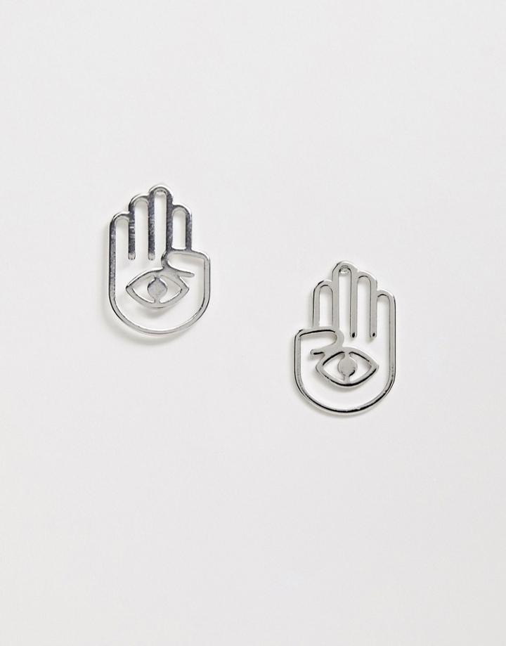 Asos Design Earrings With Open Palm And Eye Design In Silver Tone - Silver