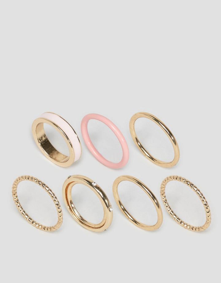 Limited Edition Pack Of 7 Enamel & Stone Stacked Rings - Gold