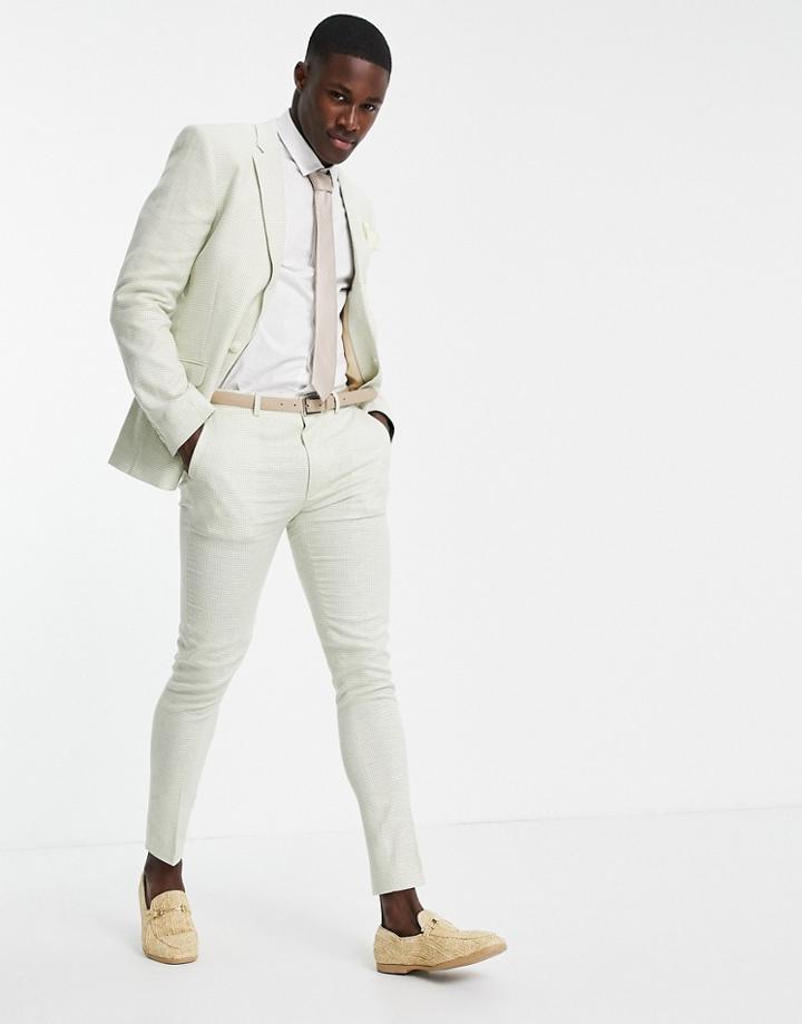 Asos Design Wedding Linen Super Skinny Suit Pants With Puppytooth Check In Green