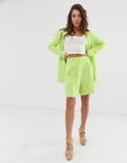 Asos Design Linen Suit Mom Shorts In Lime Pop - Green
