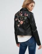 Only Embroidered Leather Look Biker Jacket - Black
