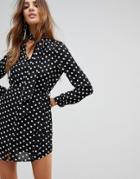 Parisian Polka Dot Shirt Dress With Tie Waist And Pussy Bow - Black
