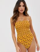 River Island Shirred Swimsuit In Ditsy Floral - Yellow