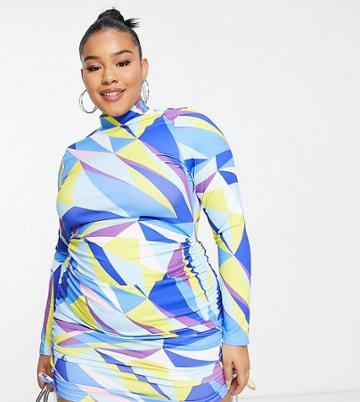 Simmi Plus Clothing High Neck Ruched Mini Dress With Tie Side Detail In Geo Multi Print