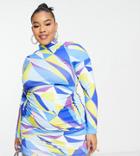 Simmi Plus Clothing High Neck Ruched Mini Dress With Tie Side Detail In Geo Multi Print