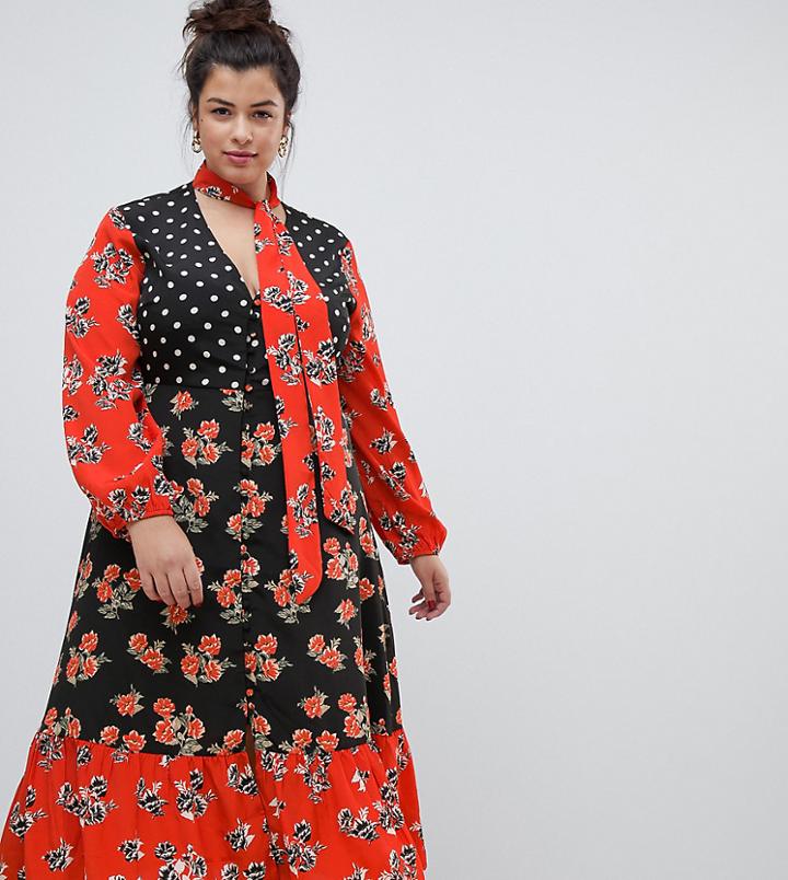 Neon Rose Plus Maxi Dress With Tie Neck In Mixed Print - Black