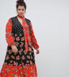 Neon Rose Plus Maxi Dress With Tie Neck In Mixed Print - Black