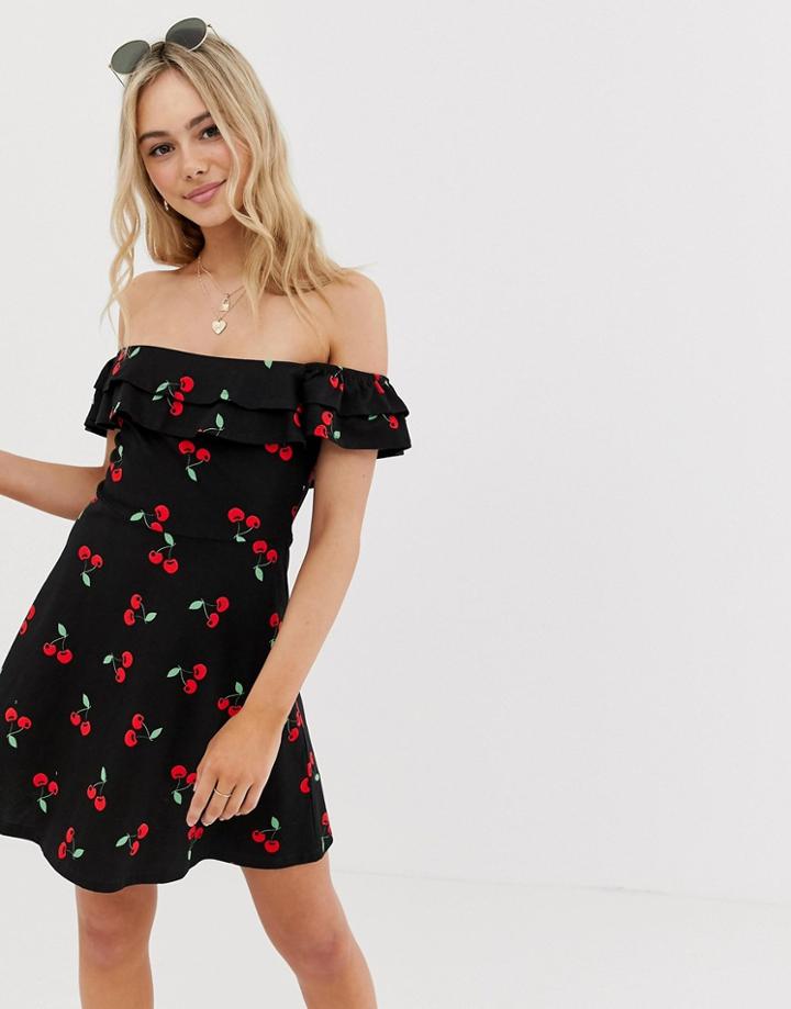 Asos Design Bardot Double Frill Sundress In Cherry Print - Multi