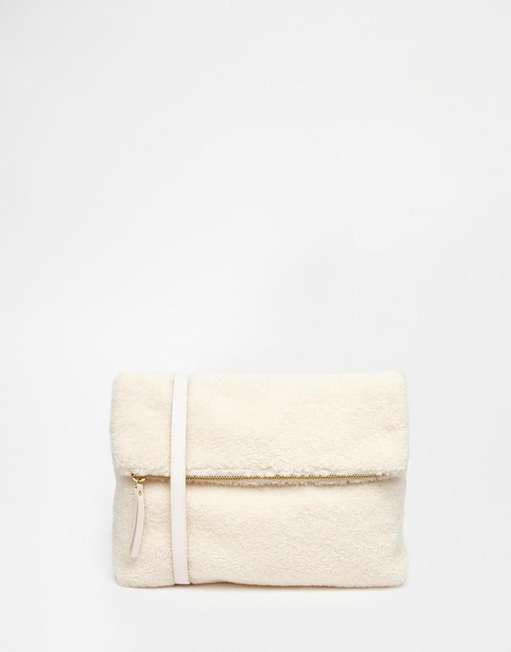 Monki Faux Shearling Clutch Bag - Cream