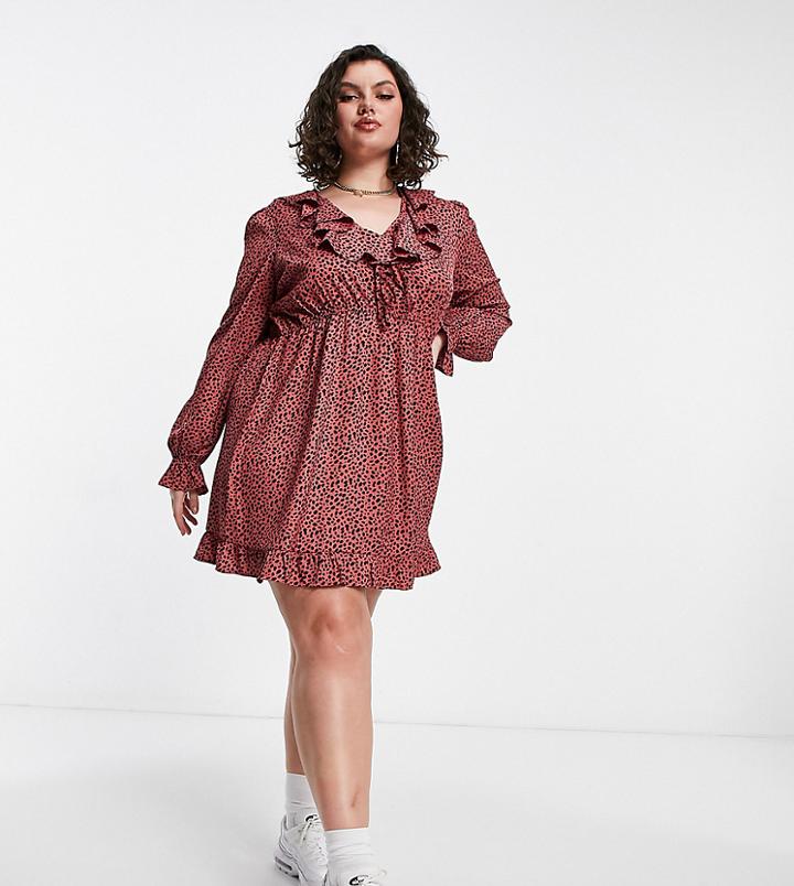 Yours Frill Detail Mini Tea Dress In Dark Pink Print-black