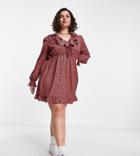 Yours Frill Detail Mini Tea Dress In Dark Pink Print-black
