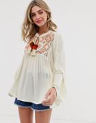 Pull & Bear Embroidered Tie Front Top In Beige - Beige